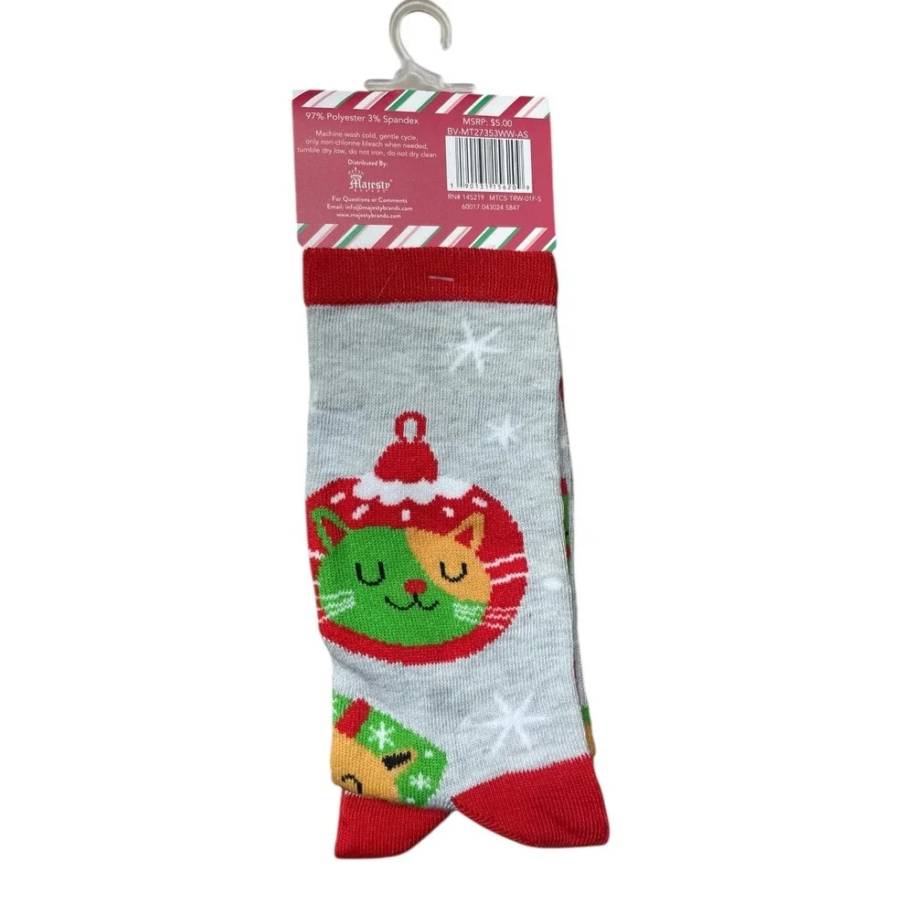 Mistle Toes Christmas Socks Holiday Crew Socks Cat Ornament‎ Size 4-10